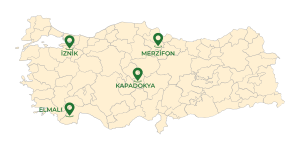 Anadolu'nun teruar haritasını gösteren illüstrasyon. Elmalı, İznik, Kapadokya ve Merzifon bağ bölgeleri işaretlenmiştir.